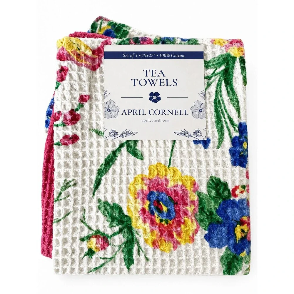 April Cornell Kitchen Dish Towels Set of 3 White Pink Blue Floral Waffle Weave